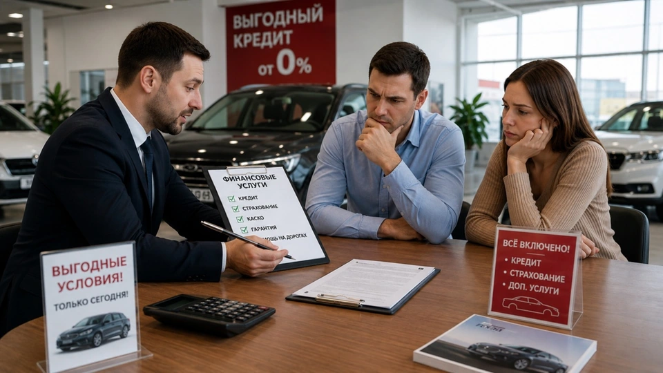 Менеджер автосалона консультирует покупателей по финансовым услугам